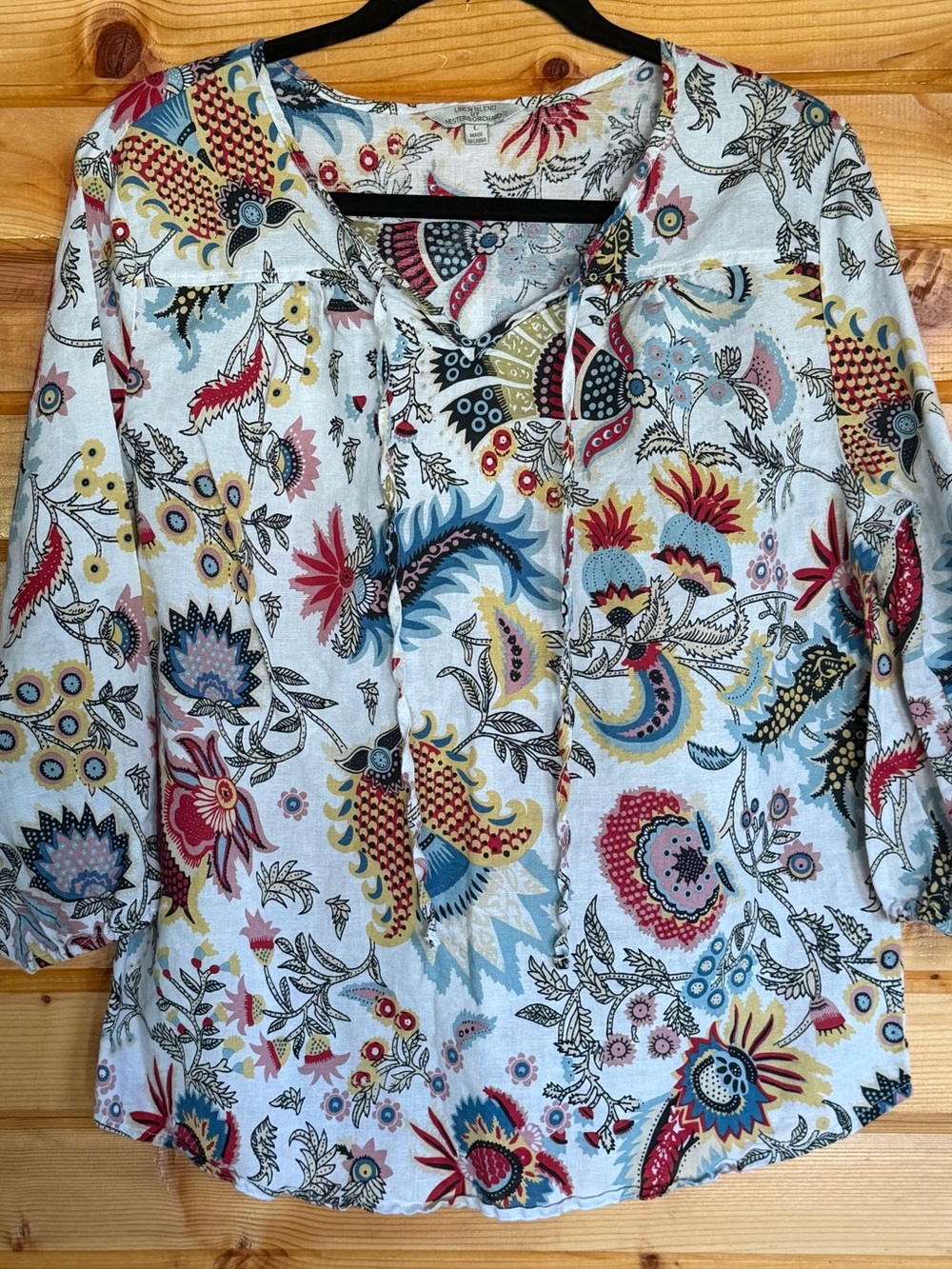 Hester & Orchard Floral V-Neck Linen Blend Blouse Size Large